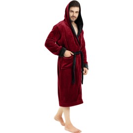 NY Threads Mens Hooded Fleece Bathrobe Plush Long Spa Robe, Small-Medium, Burgundy Black