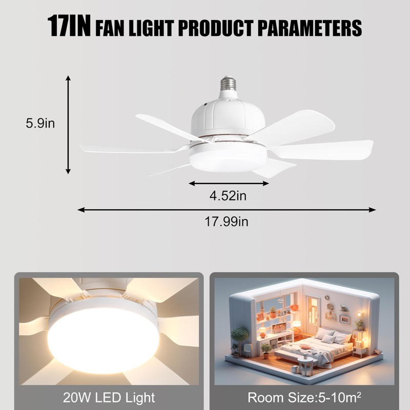 Socket Ceiling Fan Light with Remote and 1 Socket Extender,