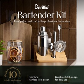 Barillio Bartender Kit - Stainless-Steel Cocktail Shaker Set with Bamboo Stand - Mixology Bar Tools w/Shaker, Drink Mixer Spoon & Muddler for Cocktails - Home Bar Accessories - 10-Pc Bar Set - Silver