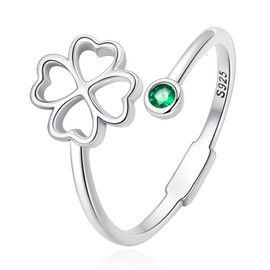 Qings Four-leaf Clover Open Ring 925 Sterling Silver Hollow Leaves Sparkling Green Gem Lucky St. Patrick's Day Jewelry Gift for You