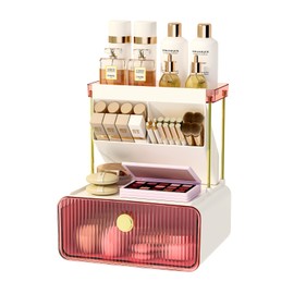 FOLLOWIN Makeup Organizer with Storage Drawer,Cosmetic Display with Lipsticks Brush Holder Perfume Tray,Organize Cosmetics and Beauty Supplies for Vanity,Dresser,Bathroom,Desktop Organizer,Blush Pink