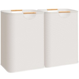 STORAGE MANIAC 2-Pack Large Laundry Hamper, 80L (21.1 Gal) Collapsible Laundry Basket with Bamboo Handles, Freestanding Waterproof Clothes Hamper for Laundry Room, Bedroom, Dorm, Towels, Toys, Beige