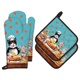 Arquiel Cute Cat Oven Mitts and Pot Holders Sets 4Pcs, 100% Cotton Heat Resistant, Extra Long Oven Gloves Potholder for Kitchen Cooking Baking Decoration