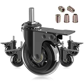 MALLLALA 5 Pack 3" Caster Wheels with Safety Dual Locking,Heavy Duty English 3/8"-16 UNC Bolt,Rubber Castors with Brakes,Threaded Stem Mount,360 Degree Swivel,Protection of Hardwood,Carpet,Tile Floor