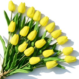 ONLY ART 20pcs Yellow Artificial Tulip Flowers with Soft Latex Materials for Home & Kitchen Decoration New Year Spring