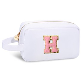 Aveniee Initial Makeup Bag for Women,Monogram Travel Makeup Bag Organizer With Handle,Preppy Cosmetic Travel Toiletry Pouch,Birthday Gifts for Teen Girls Sister Best Friend-White H