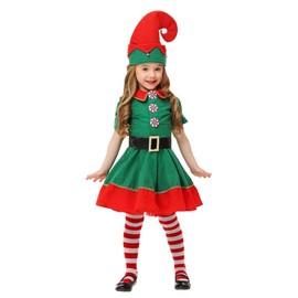 Miolasay Christmas Elf Costume for Parents and Child Family Matching Short Sleeve Dress Pants over the Kneel with Hat, Belt and Socks (Women, Women, L)