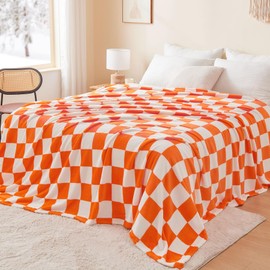 BEDELITE Checkered Throw Blanket Queen Size for Couch and Bed, Luxurious Fleece Blanket with Checkerboard Grid Home Decor, Soft Cozy Orange and White Warm Blankets for Spring, 90"x90"