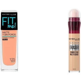 Maybelline Base de Maquillaje Fit Me Matte, 125 Nude Beige + Corrector de Maquillaje Instant Age Rewind, Light, 6 g