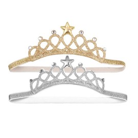 HLLMX - Juego de 2 diademas de corona de cumpleaños súper elásticas para niñas, para princesa, cumpleaños, tiara, corona, diadema, accesorios para el cabello (dorado/plateado), Diamante falso, Diamante, diamantes de imitación