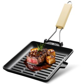 VEGOATY Steakpfanne Gusseisen，24x24cm Steakpfanne Grillpfanne mit Klappbarer Holzgriff, Gusseisenpfanne Grill für Alle Herdarten Leicht zu Reinigen Gusspfanne Gasgrill