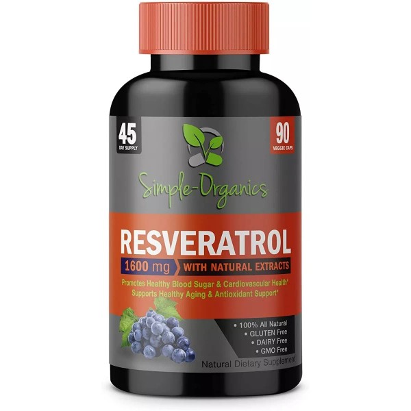 Simple Organic Resveratrol Premium 1600mg Organico 90 Capsulas Eg R8