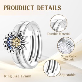 XSDSLS 2 Piece Sun Moon Rings Set Women's Gold Silver Adjustable Celestial Sun Moon Rings Stackable Sun Ring Moon Rings Open Promise Matching Rings for Women Ladies, Copper, No Gemstone