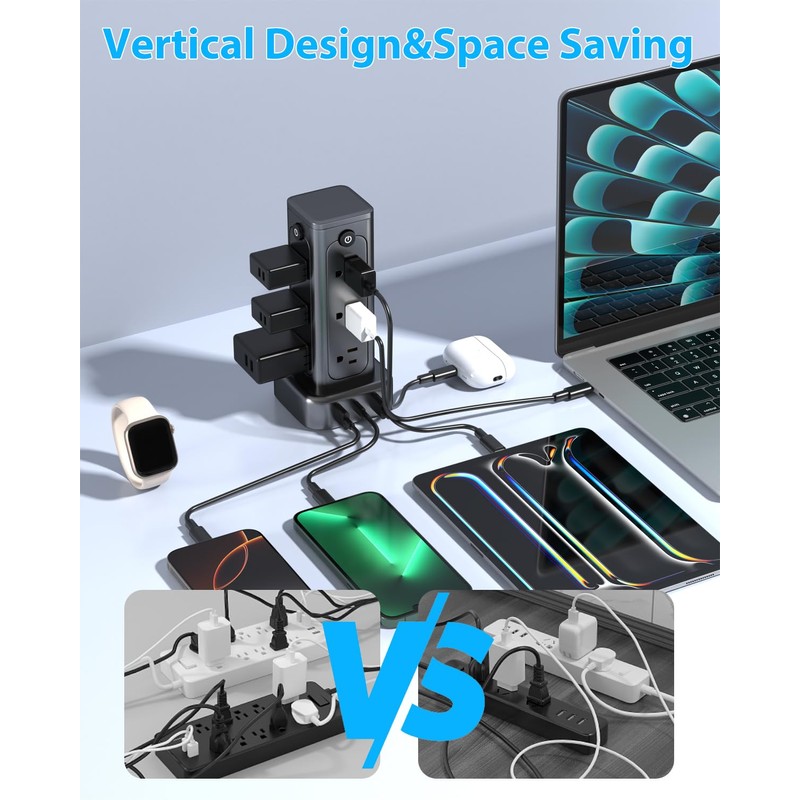 Vertical Power Strip with USB & Type-C, 12 AC Outlets