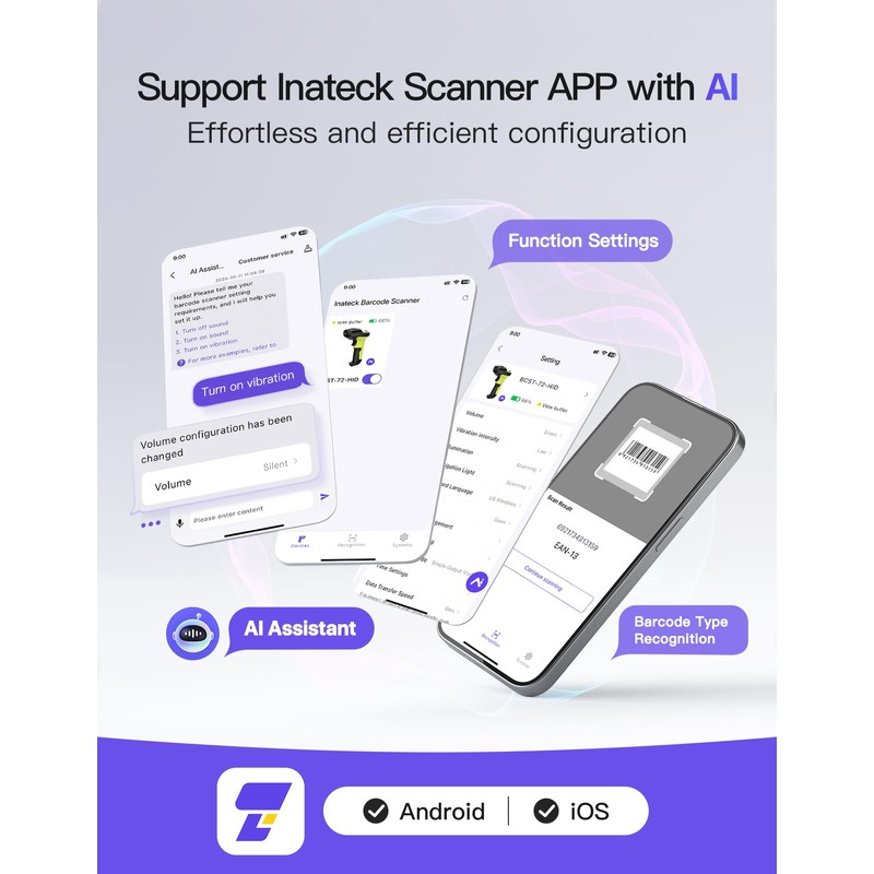 Inateck Barcode Reader, Wireless, Bluetooth, USB, Wireless, Cord, Dimensional, Japanese