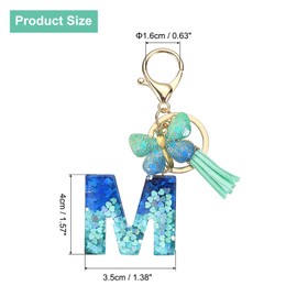 sourcing map Initial Letter Keychains, Resin Cute Butterfly Tassel Pendant Accessory for Women, Alphabet Key Ring for Purse Handbags Backpack, Teal-M