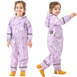 Fewlby Girls Puddle Suit All in One Waterproof Suit, Kids Rain Suit Waterproof Overalls Rainsuit Purple Unicorn Muddy Suit One Piece Raincoat Hoodie Rainwear, 8-10 Years XXL Size