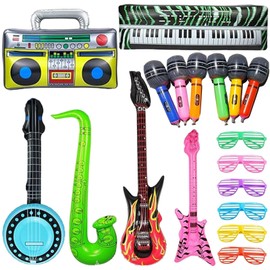 Juego de juguetes inflables de Estrella de Rock, musicales de Los,18 piezas de decoraciones de Fiesta de Los años 80 y 90,guitarras inflables, saxofón,micrófonos, Glasses.teclado,Bass,pipa lute