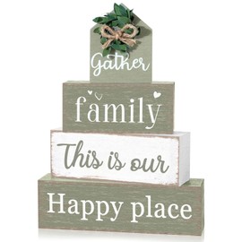 Cinnvoice Farmhouse Table Decor Eucalyptus Leaves Wooden Block Sign Gift Gather Family This Is Our Happy Place Tabletop Centerpieces Rustic Decorations for Home Kitchen Shelf Desk Tiered Tray Decor