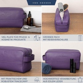 VON HEESEN Toiletry Bag Leather Toiletry Bag for Men and Women - Genuine Leather Necessaire Ideal for Travel - Wash Bag and Cosmetic Bag, Violet, 1 main compartment