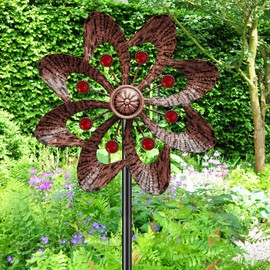 SHUONIVS Metal Wind Spinners Outdoor, 360° Wind Sculpture Spinner with Metal Stake, Waterproof Spinners Green Kinetic Wind Spinner for Yard Lawn Decor (A- Vintage Copper 1PC)