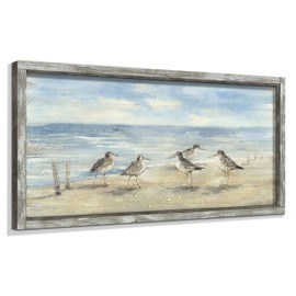 Coastal Framed Painting Wall Decor: Abstract Ocean Wall Art 40"x20" Seagulls Oil Painting Style Beach Picture Printed on Wood Seascape Artwork for Bedroom