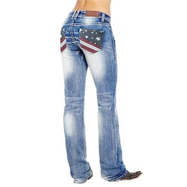 QJBMEI American Flag Mid Rise Bootcut Jeans for Women,Light Blue,XL