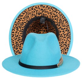 JK Home Womens Mens Classic 1920s Gatsby Fedora Hats, Patchwork Two Tone Wide Brim Panama Roaring Jazz Cap Light Blue/Leopard