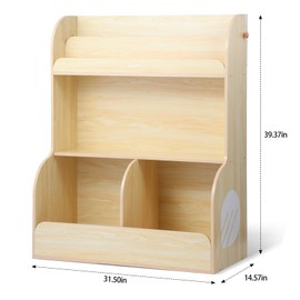 Asweets 2 in 1 Kids Bookshelf & Montessori Toy Storage Cubby, 3 Tiers Children Wooden Bookcase, Fit for Kids Room, Playroom, Kindergarten, Nursery, 31.5''L x 14.6''W x 39.4''H (Wood Color)