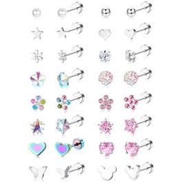 CASSIECA 16 Pairs Hypoallergenic Screw Back Earrings for Women Girls 316L Stainless Steel CZ Pearl Ball Heart Flower Screwback Flat Back Stud Earrings Jewelry Gift Women Girl Multicolored