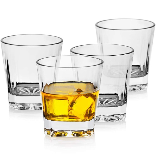 LUXU Whiskey Glasses(Set of 4)-Square bottom,11 oz Clear Scotch Glasses,Old Fashioned Glasses,Unique Bourbon Rock Glasses,Large Bar Glasses,Weight Bottom Tumblers for cocktails