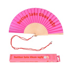 Fisura Modern Wooden Fan Better Late Than Ugly Colourful Original Design Pink Red Hand Held Fan with Hanger 42.5 x 23 cm