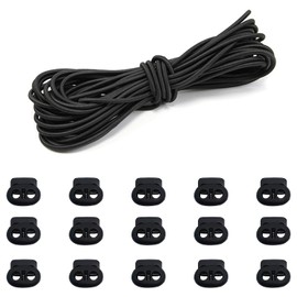 15pcs Black Plastic Cord Locks, 1pc 5m Black Elastic Cord, Drawstring Non-slip Cord Stopper, Double Hole Drawstring Anchor, Double Hole Spring Cord Lock, Suitable for Shoelace Backpack Sportswear