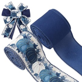 FYSUIMU Fall Wired Edge Ribbon 20 Yards Blue White Glitter Pumpkin Fabric Ribbons Autumn Craft Ribbon for Farmhouse Thanksgiving Wreath Bow DIY Crafts, 2 Rolls