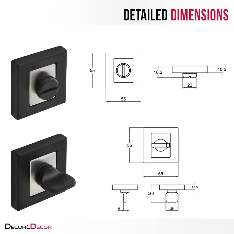 DecorAndDecor Square Escutcheon Thumb Turn Key Rose (Black/Chrome WC Thumb