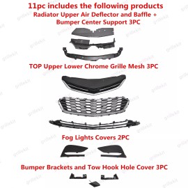 ROKY 11PC For Cruze 2016-18 Bumper Radiator Cover Upper Lower Chrome Grille Mesh Kit