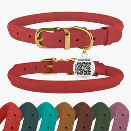 BronzeDog Rolled Leather Dog Collar with QR ID Tag, Adjustable Soft Round Collars for Small Medium Large Dogs Puppy (16" - 19" Neck Size, Coral Pink)