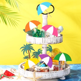 6 Pcs Summer Tiered Tray Decor Wooden Sun Shade Umbrella Decor Farmhouse Wooden Table Decorations Summer Wooden Sun Shade Umbrella Sign Ornament for Shelf Tabletop Summer Party Home Supplies