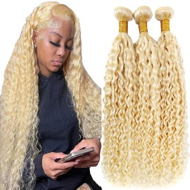 Aikebi Brazilian Human Hair Bundles 26 28 30 Inch Blonde 613# Deep Wave Bundles Human Hair 100% Unprocessed 10A Quick Weave for Black Women Soft Sewn In with Double Weft