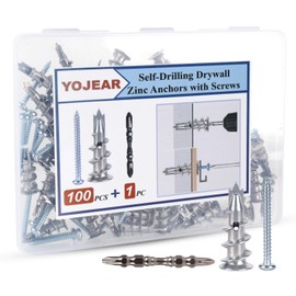 YOJEAR Metal Self Drilling Drywall Anchors, 101PCS Hollow Wall Anchors and Screws Kit, with Specialized Bit, Heavy Duty Sheetrock Anchors + #8×1-3/5 Screws, Easy for Wall, Shelve, Hanging and Mounting