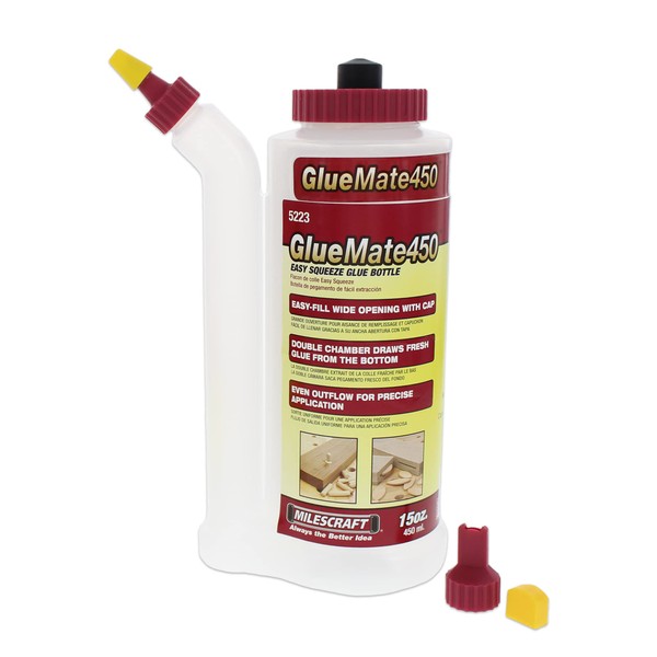 Milescraft 5223 Glue Mate 450-15oz. (450ml) Precision Wood Glue Bottle - Anti-Drip - Dowel and Biscuit Tips Included - Easy Flow Multi-Chamber Design - Ideal for Woodworking