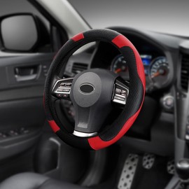 HQRNYP Car Steering Wheel Cover, Steering Wheel Protector, 15 inch Durable Leather Cover with Anti-Slip Lining, Universal Carbon Fiber Microfiber Leather Car Accessories for Most Cars (Black&Red)