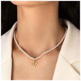 Inateannal Boho Pearl Choker necklace Gold Initial M Pendant Necklace Pearl Initial Alphabet Necklace Vintage Pearl Necklace Chain Jewelry for Women and Girls Gifts
