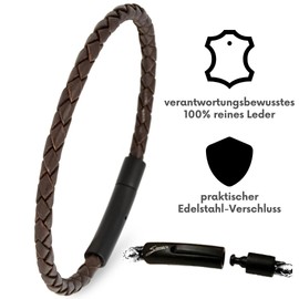 Simaru Leather Bracelet, 4 mm Braided for Men and Women, Genuine Leather Bracelet with Stainless Steel Hook Clasp, Premium Quality, Made in Germany, Leather, 0