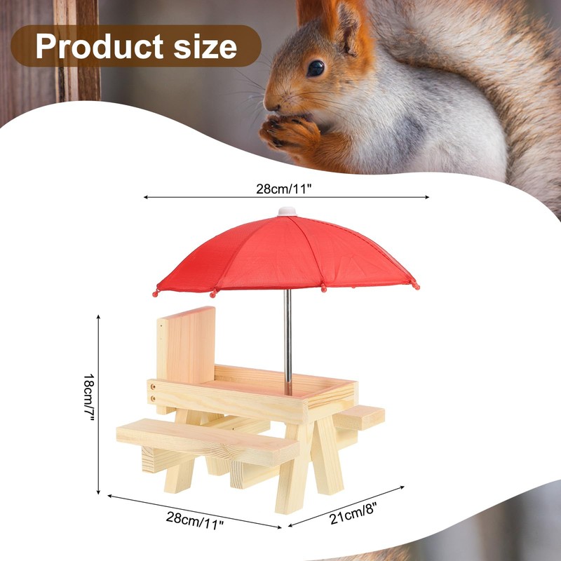 PATIKIL Squirrel Feeder Picnic Table with Red Umbrella 7x8x11inch, Wooden