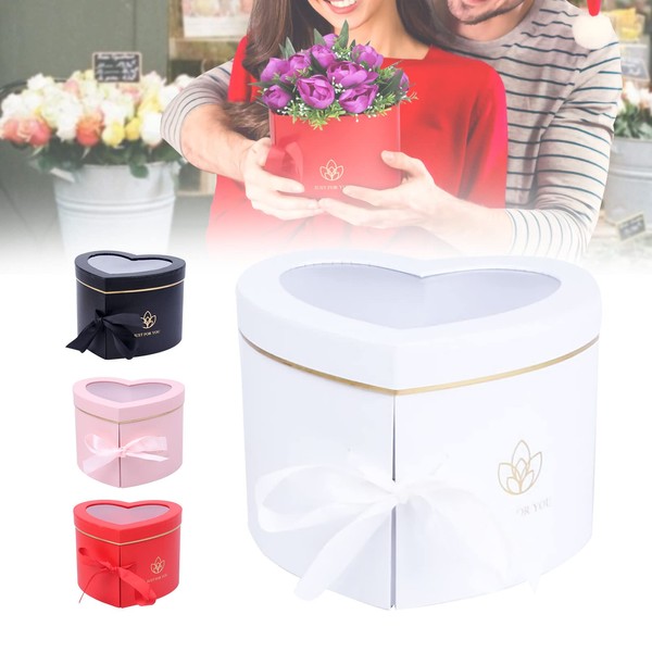 Heart Shaped Flower Box, Floral Gift Box, With Clear Lid Double Layers Rotating Drawer, Luxury Paper Mache Boxes Packaging for Arranging Valentine'S Day/Mother'S Day/Birthday/Wedding Gifts (White)