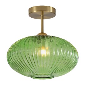 BOKT Modern Ceiling Light Green Glass Pendant Light Stairway Mid Century Close to Ceiling Light Gold Semi Flush Mount Ceilings Light Fixture for Island Kitchen Dining Room Hallway 9.8"