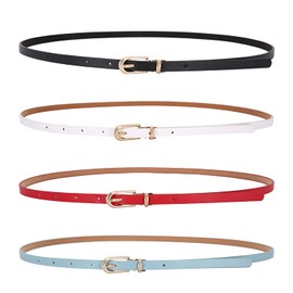 LECTNORE 4Pcs Women Skinny Leather Belt for Dresses Thin Waist Belt with Metal Buckle for Jeans Dress Pants（black/white/red/blue）…