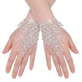 FdcZeyxior Rhinestone Fingerless Gloves Silver Glitter Gloves Crystal Wedding Short Glove Tassel Gloves Party Prom Hand Chain Accessories Adjustable Hand Jewelry for Women