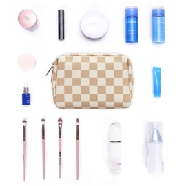 Small Makeup Bag for Purse Travel Makeup Pouch Mini Cosmetic Bag for Women (Light Brown, Small)